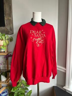 Vintage 90s Christmas Collared Sweatshirt Red Green Dear Santa Size XL